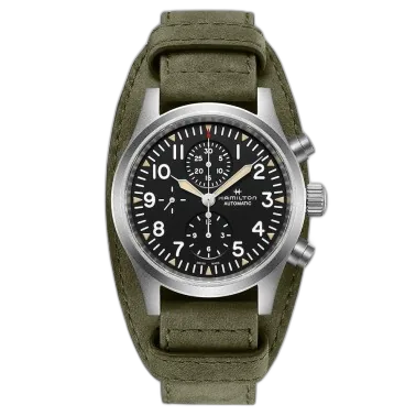 HAMILTON Montre Hamilton Khaki Field Auto chrono automatique cadran noir bracelet daim vert 44 mm