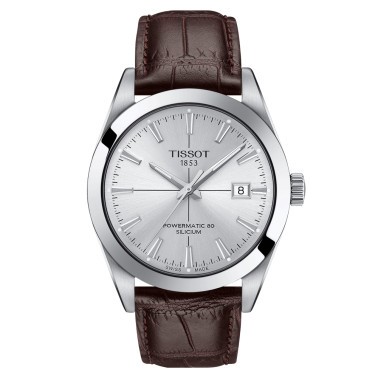 TISSOT T-Classic Gentleman Powermatic 80 cadran argent bracelet cuir brun 40 mm, 40mm